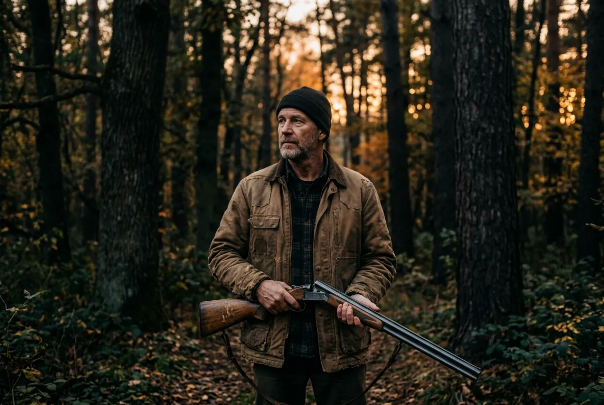 Fine art landscape portrait of sportsman with shotgun in timber