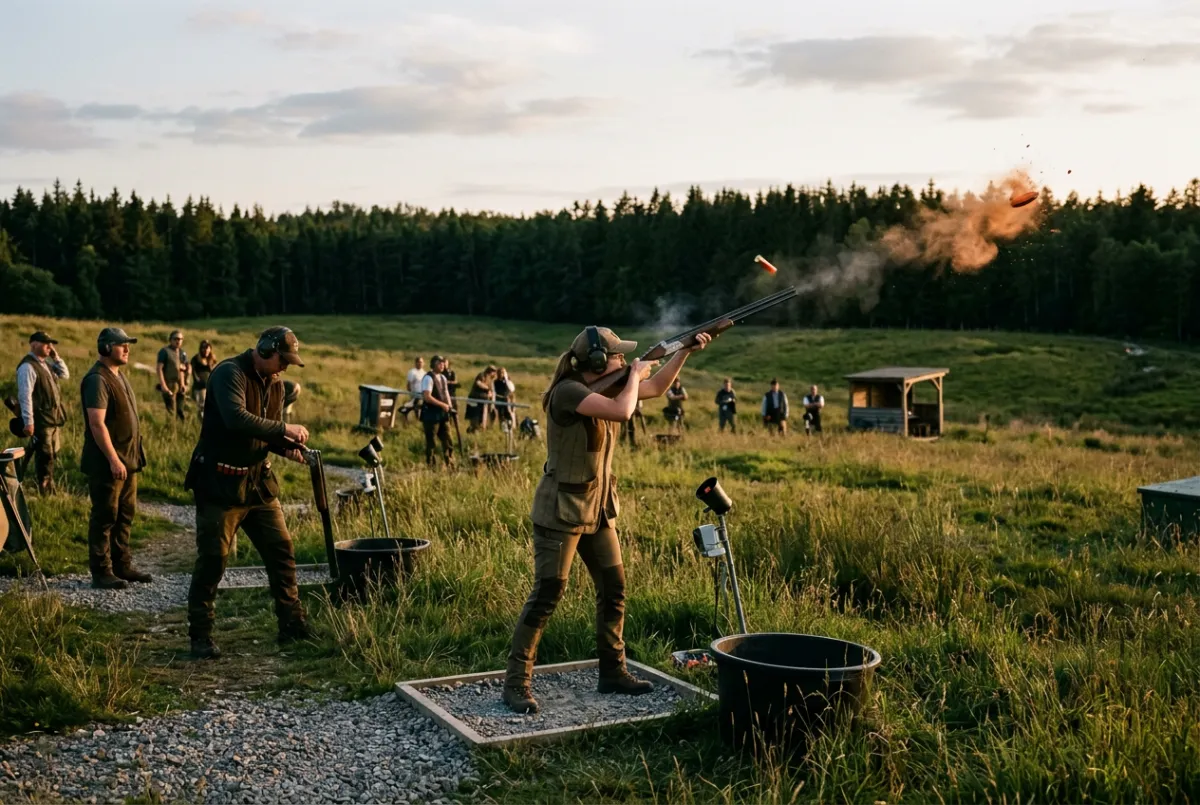 Sporting clay tournament competitors at shooting station