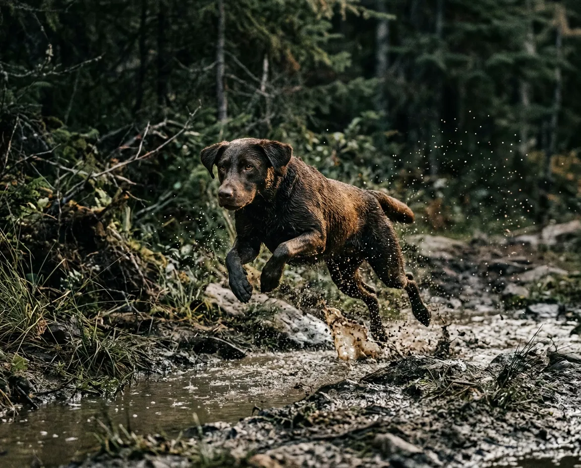 Hunting dog in high-speed action retrieving across rugged terrain