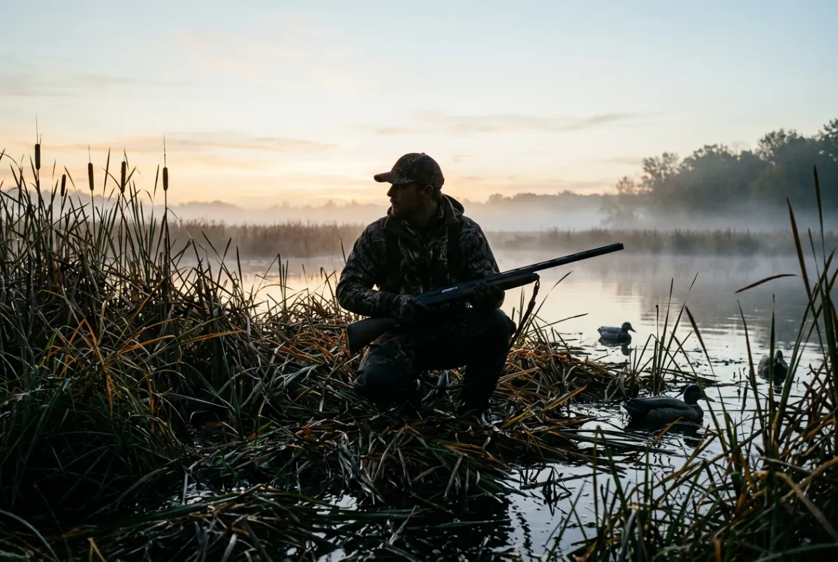 Hunter in early morning marshland waiting for waterfowl