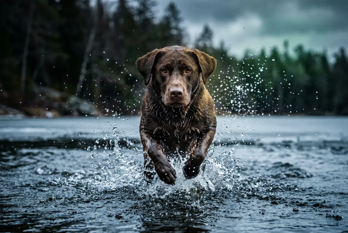 Labrador retriever bursting through cold water with fallen duck