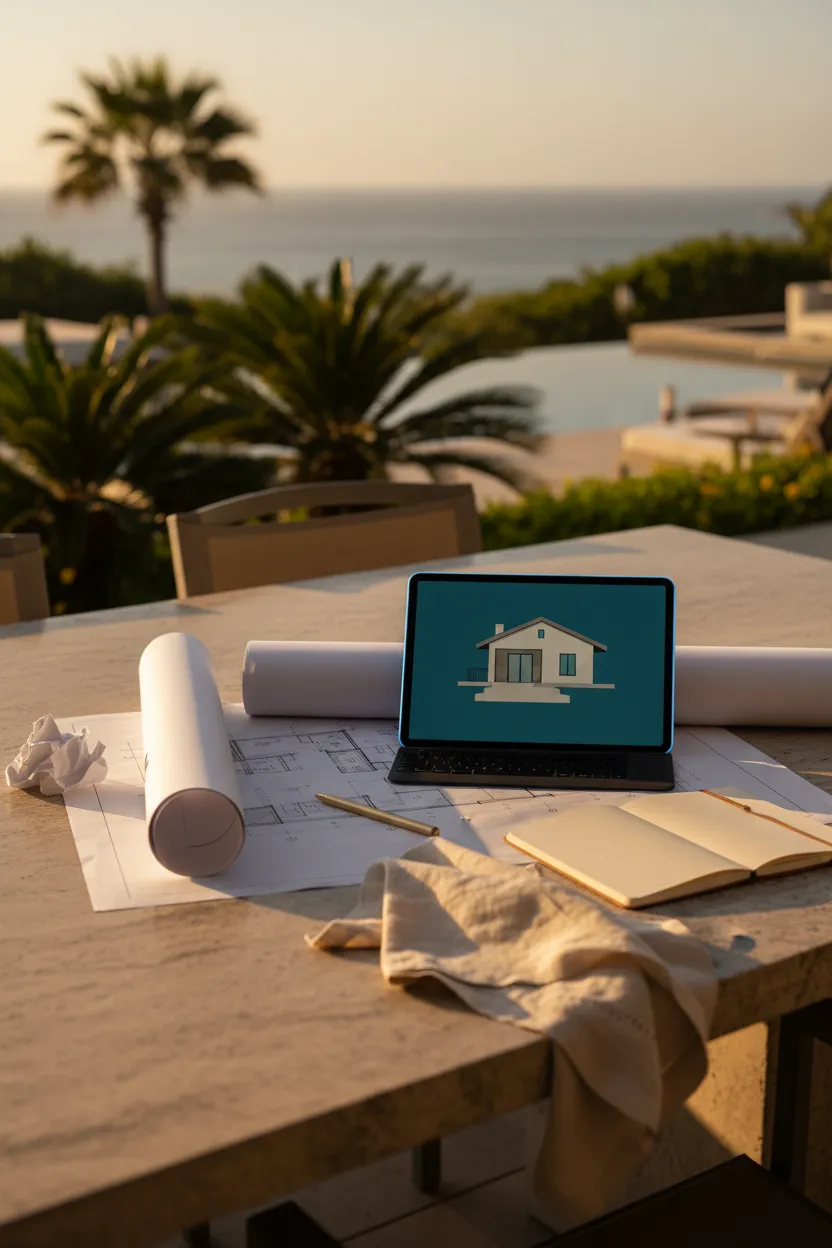 Architectural blueprints and outdoor home exterior rendering for renovation financing