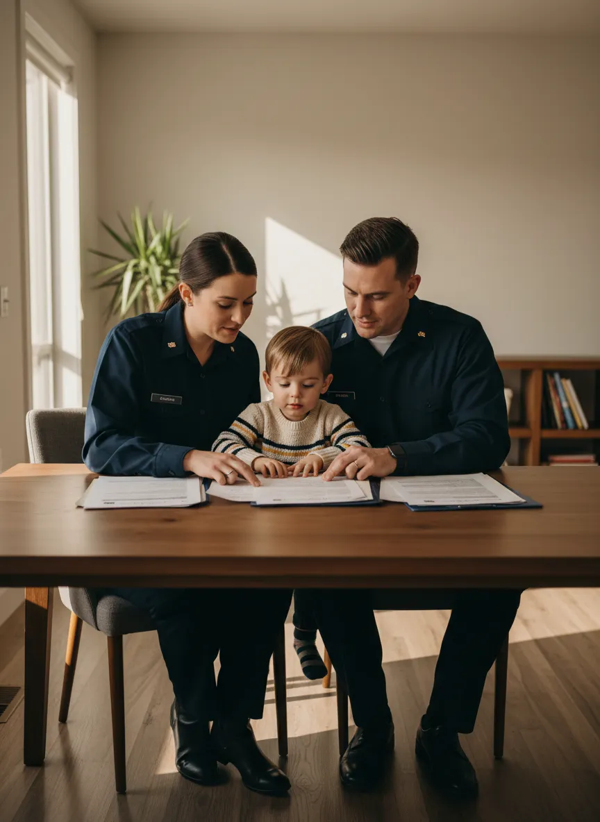 Military family reviewing PCS relocation documents together
