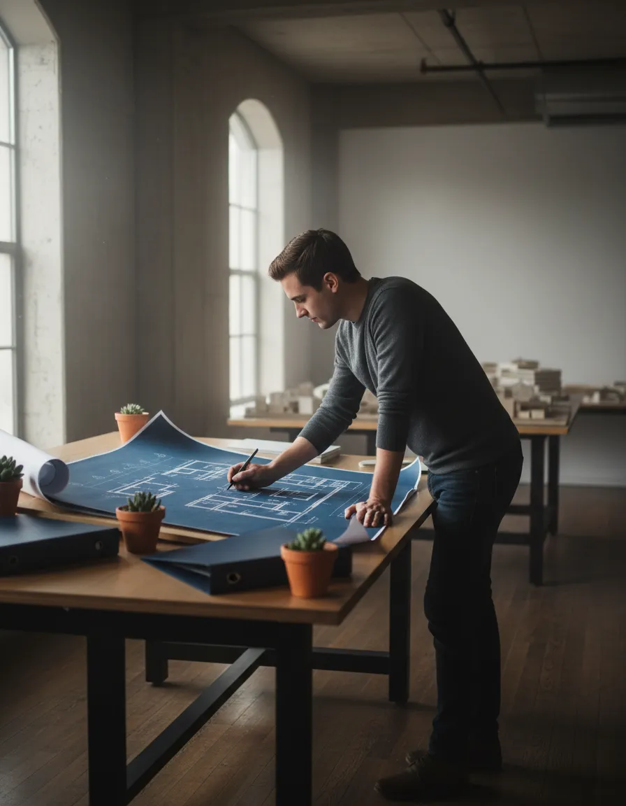 Homebuyer evaluating renovation blueprints