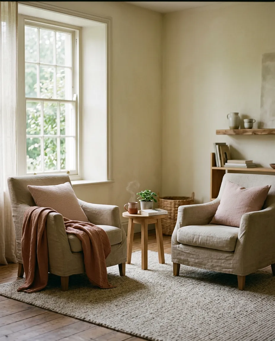 A warm, contemplative lifestyle scene with soft natural light and quiet open space