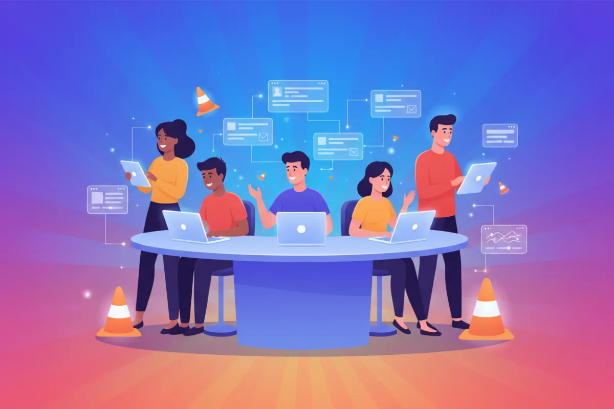 A vibrant digital illustration of a diverse team collaborating on laptops and tablets, surrounded by floating interface elements and construction cones, set against a stylized gradient background. The scene conveys anticipation and teamwork for an upcoming website launch.