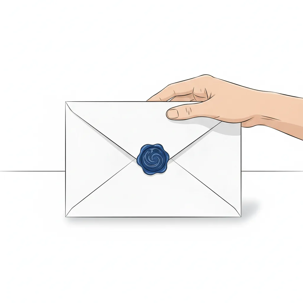 A close-up, stylized 1:1 illustration of a hand holding a large, crisp white envelope with a blue seal, set on a clean white desk with a subtle shadow. The image suggests direct communication and approachability.