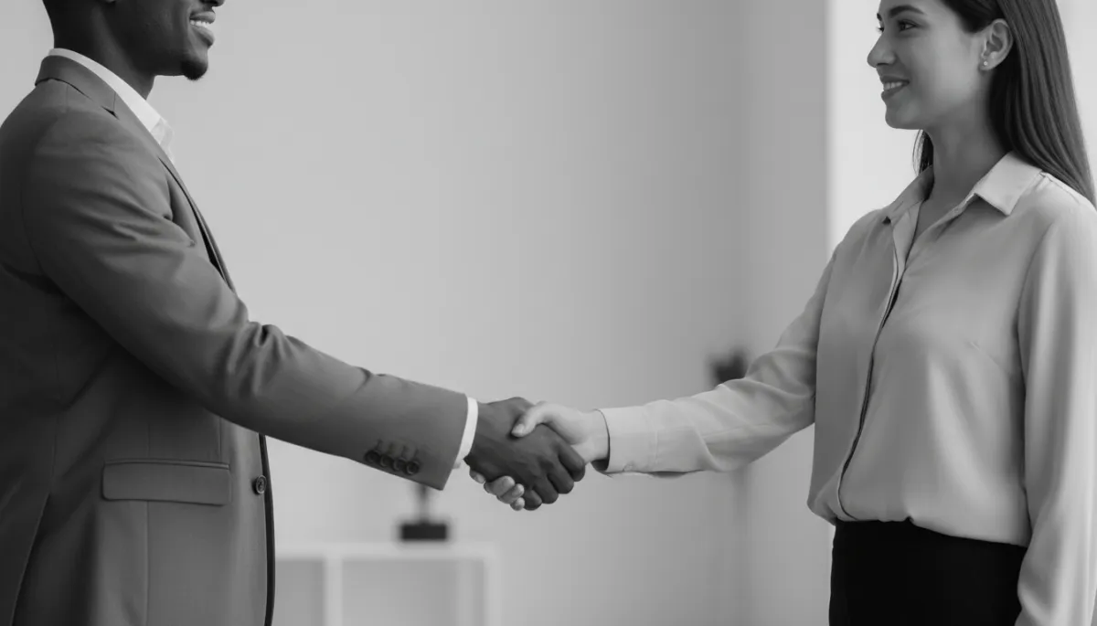 Subtle gray-toned photo of two underrepresented professionals shaking hands