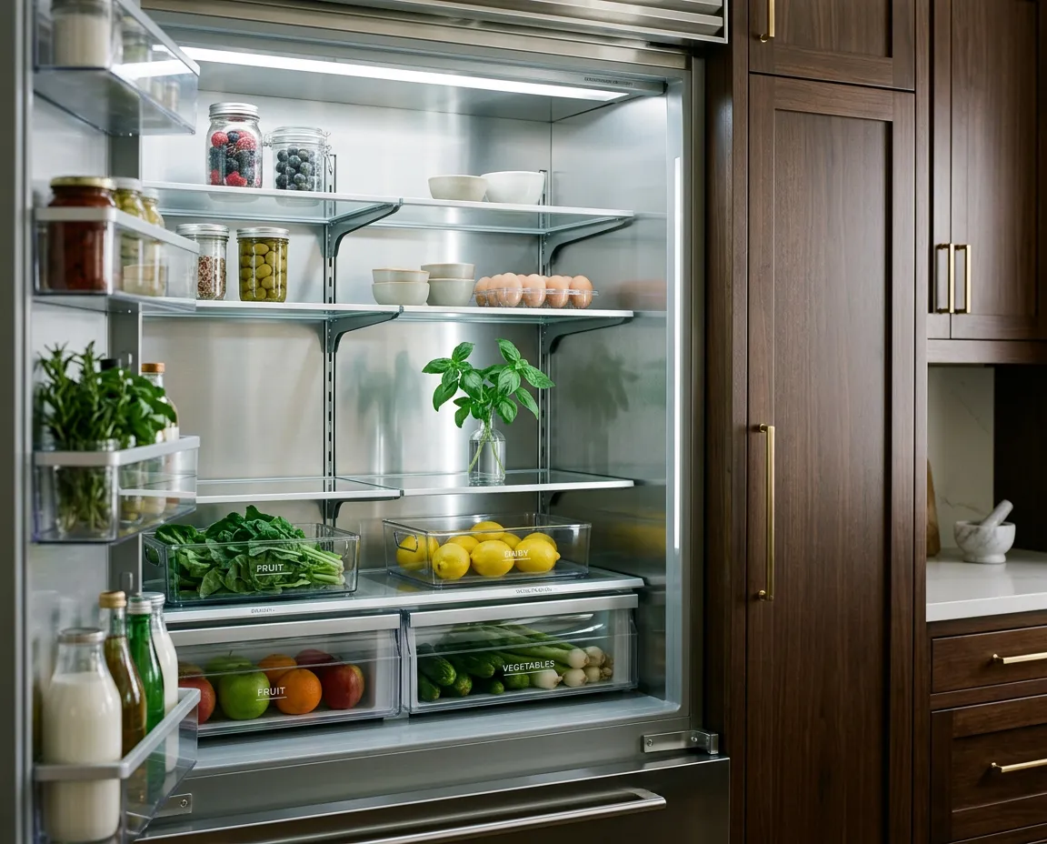 Detail-oriented deep cleaning of spotless refrigerator interior and kitchen cabinetry