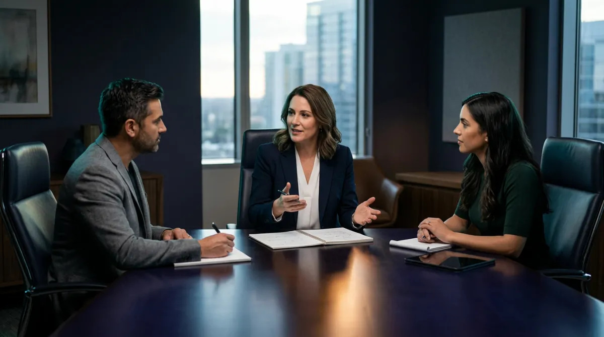 Executive business coaching strategy session in a modern boardroom