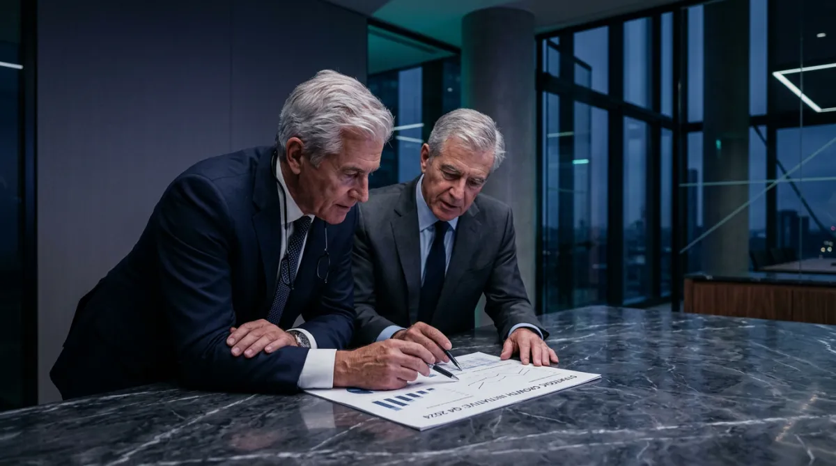Management consultants reviewing corporate analytics report on digital displays