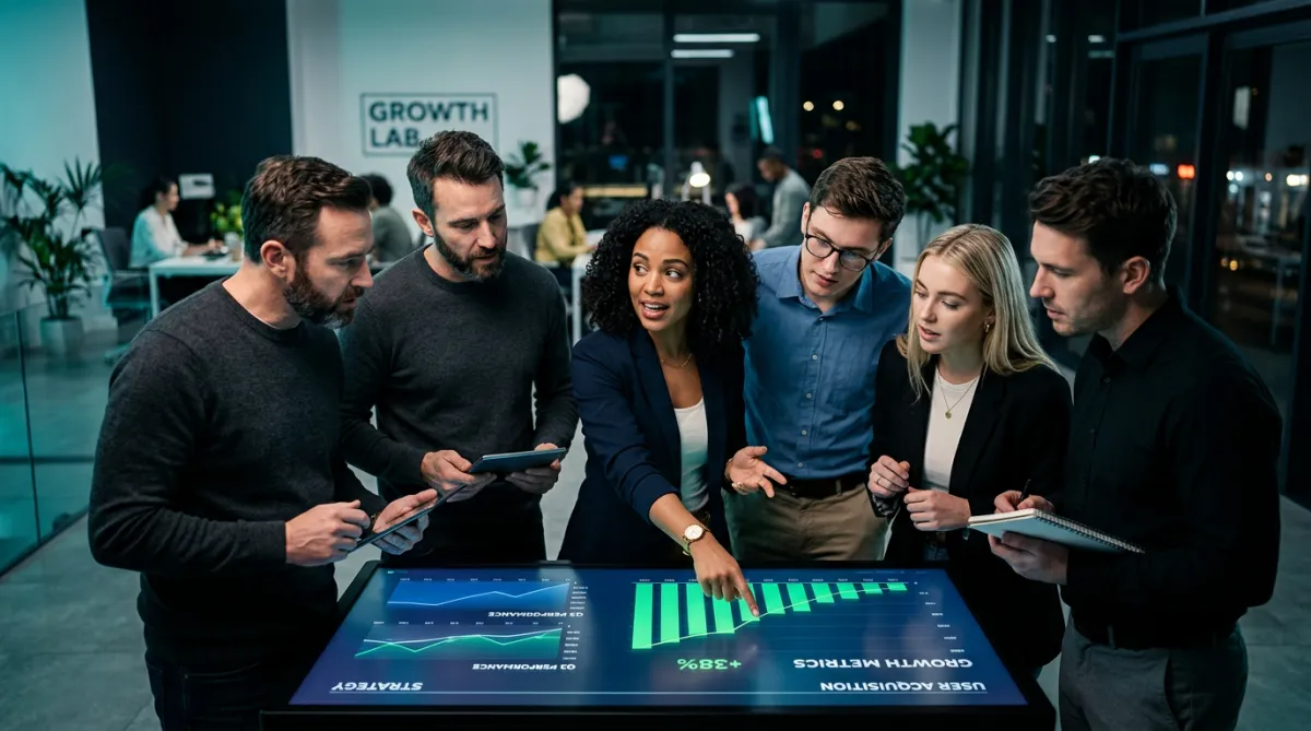 Digital agency executive team analyzing growth metrics on interactive screens