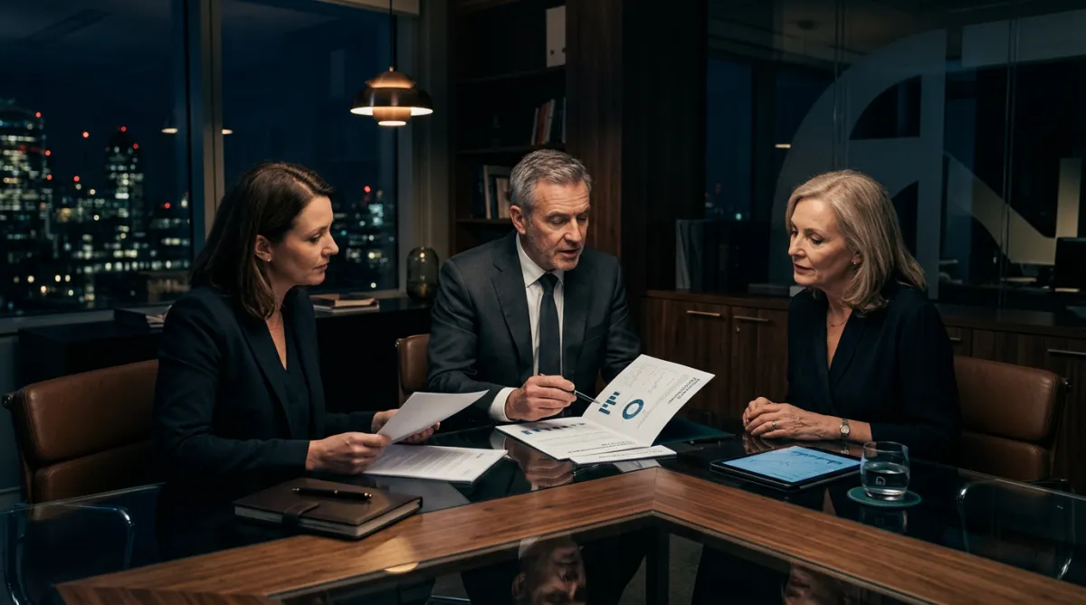 Financial capital advisors and corporate investors reviewing private equity portfolios