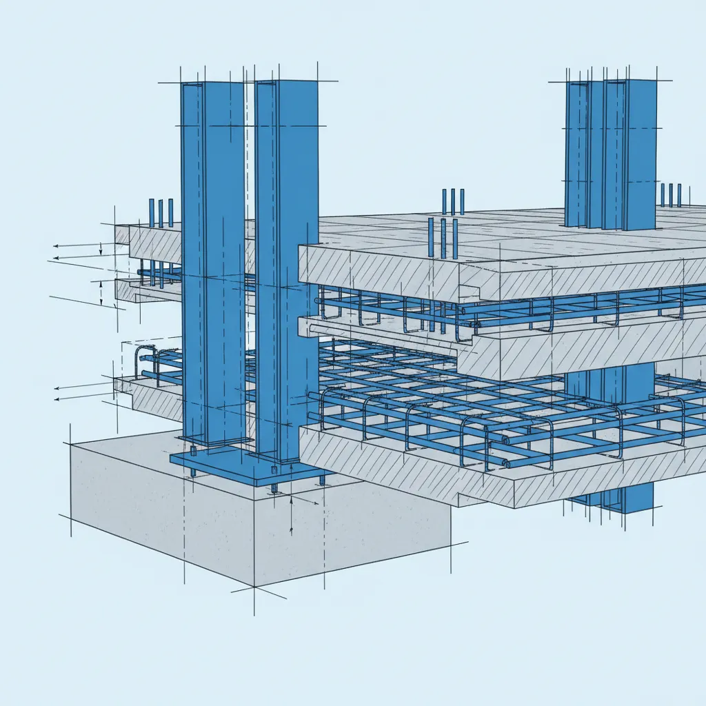 Technical illustration of a steel and concrete structure, showing cross-sections, reinforcement details, and CAD annotations, rendered in a precise, blueprint-inspired style with blue and gray tones.