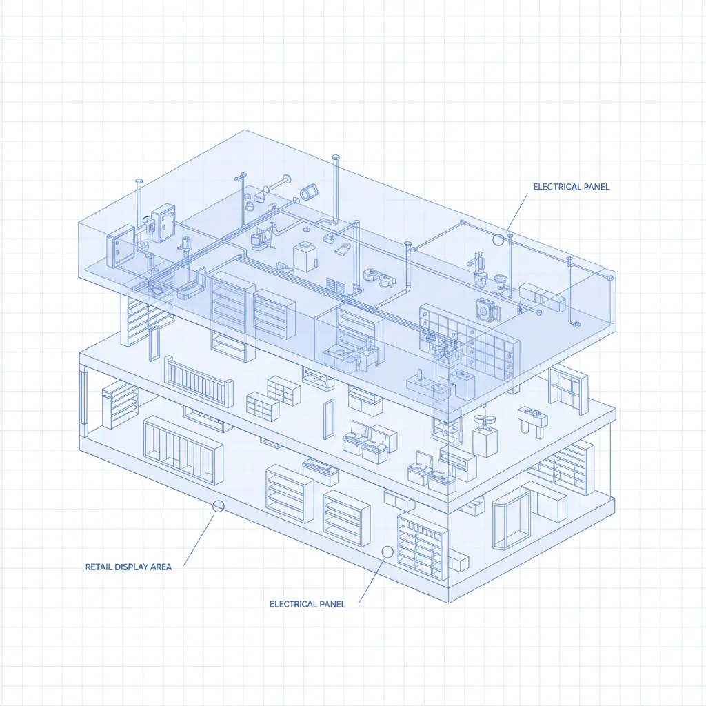 CAD-style illustration of a commercial retail space with layered floor plans, electrical and plumbing overlays, and digital callouts, all in a blue and white palette. The background features subtle grid lines for a technical look.