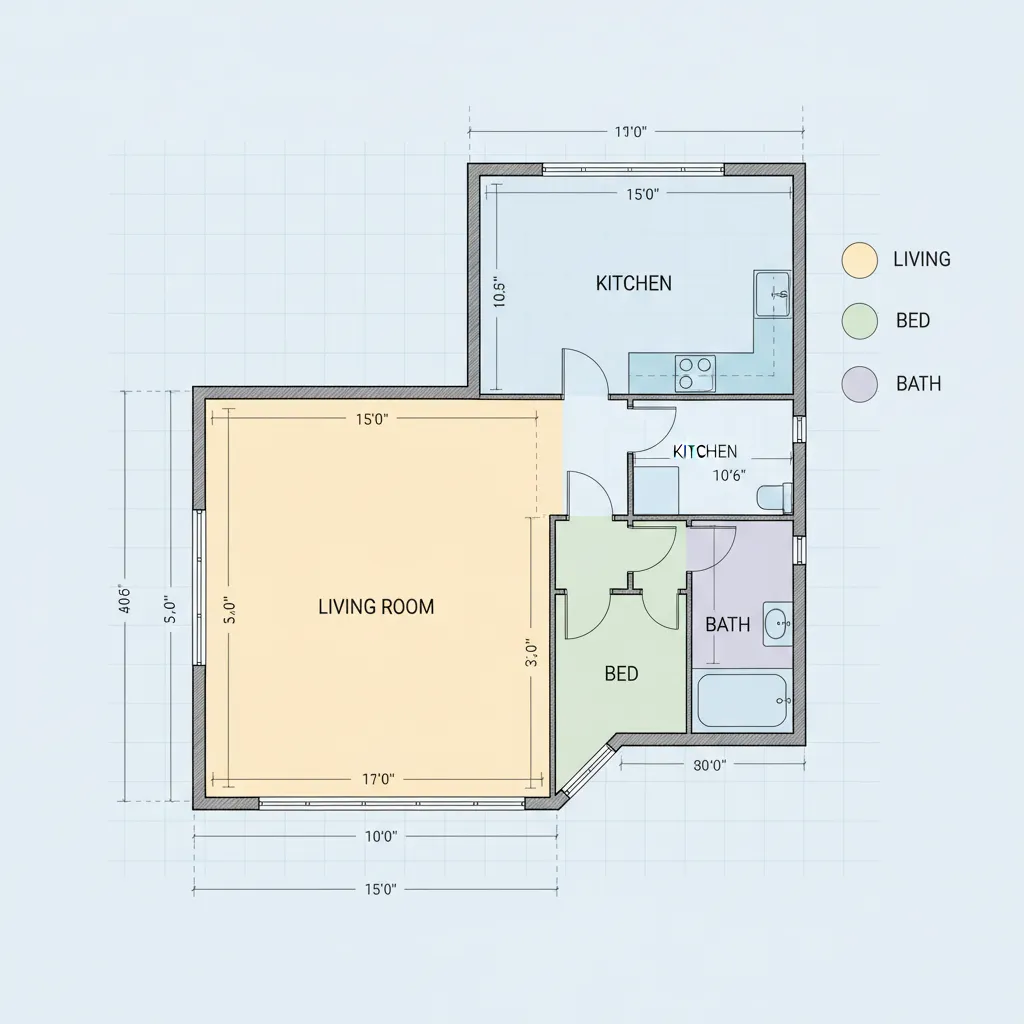 Vector illustration of a residential home floor plan with highlighted rooms, color-coded annotations, and digital measurement lines, set against a subtle blueprint background. The style is clean and technical, emphasizing clarity and detail.