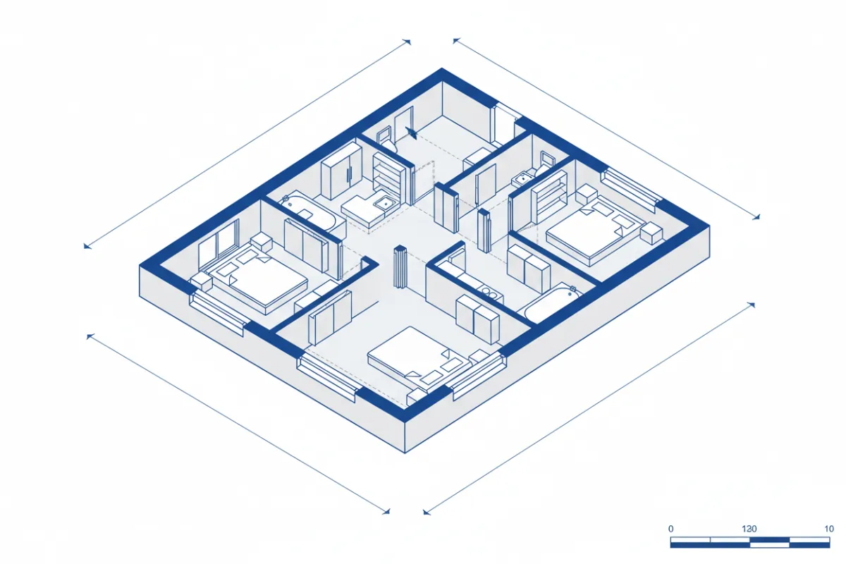 Isometric CAD drawing illustration showing a detailed building floor plan with blue and gray lines, technical annotations, and measurement scales, in a clean, modern vector style. The background is white, evoking a professional drafting workspace.