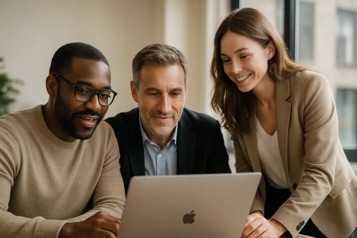 Three professionals collaborating on a laptop in a modern meeting space