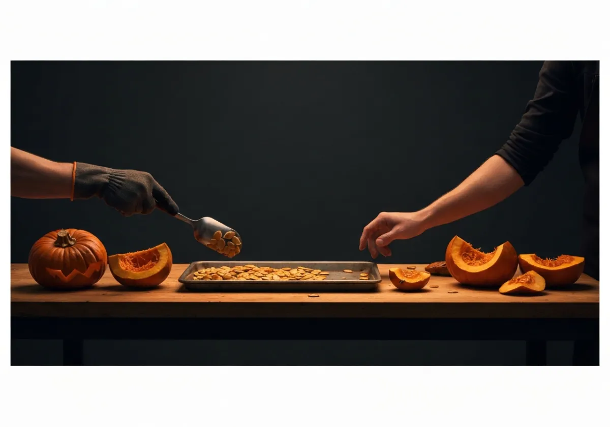 Gritty studio photography of pumpkin carving and roasting process