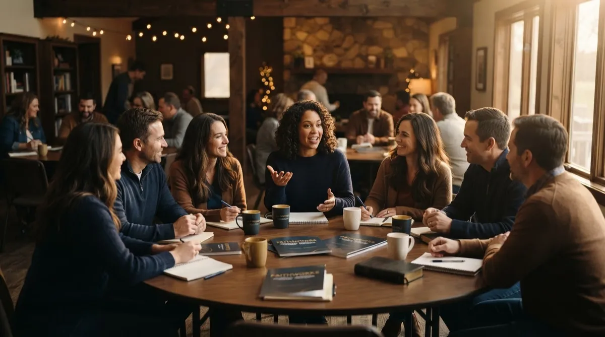 Welcoming church small group and ministry leaders gathered warmly around tables during an inspiring financial freedom workshop