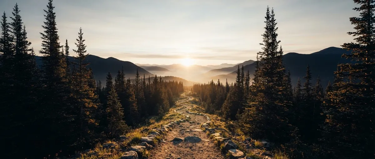 A peaceful mountain path illuminated by golden morning light leading toward open horizon