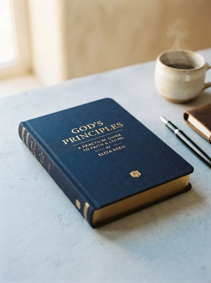 High-end product photography of Kim Skidmore's book God's Principles on light blue-gray background
