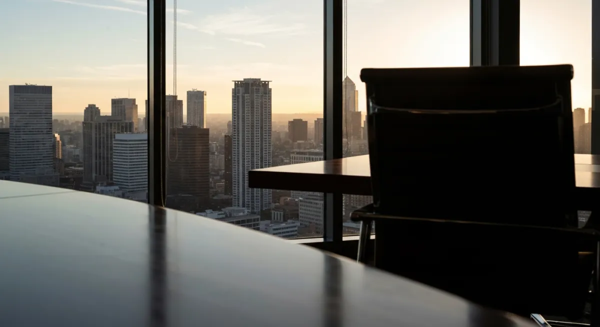 City skyline viewed from a high-rise executive boardroom window—elevated perspective visual