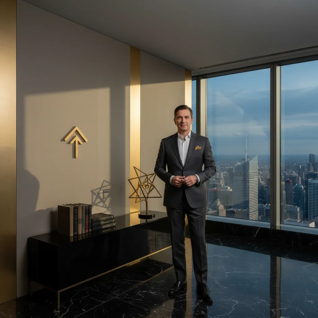 A poised financial strategist, mid-40s, standing confidently in a minimalist office with gold and black accents, 1:1 aspect ratio