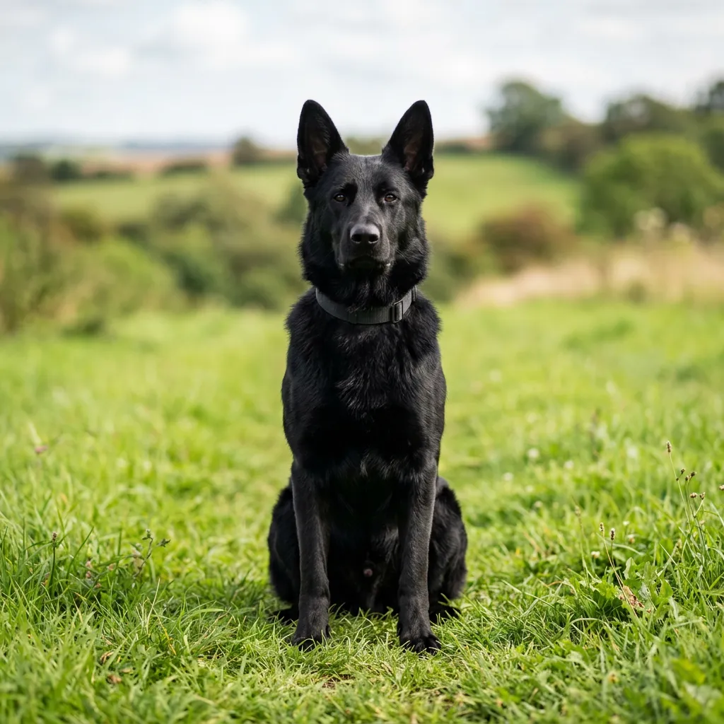 Square photo of a black German Shepherd sitting alertly in a grassy field