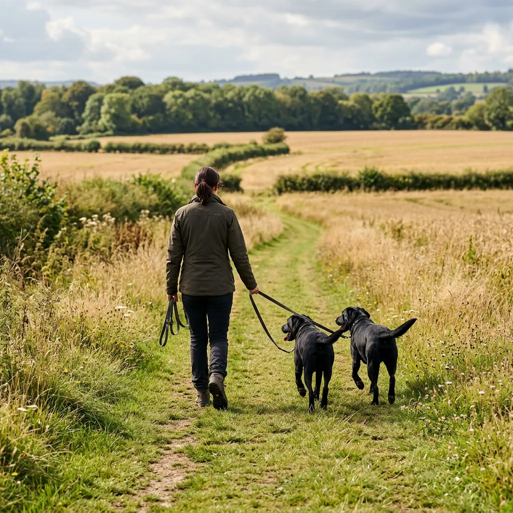Square photo of a handler walking away into a field alongside two black dogs