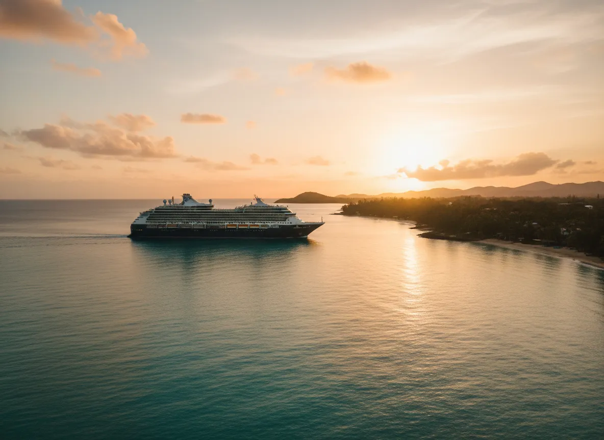 Caribbean cruise ship at sunset