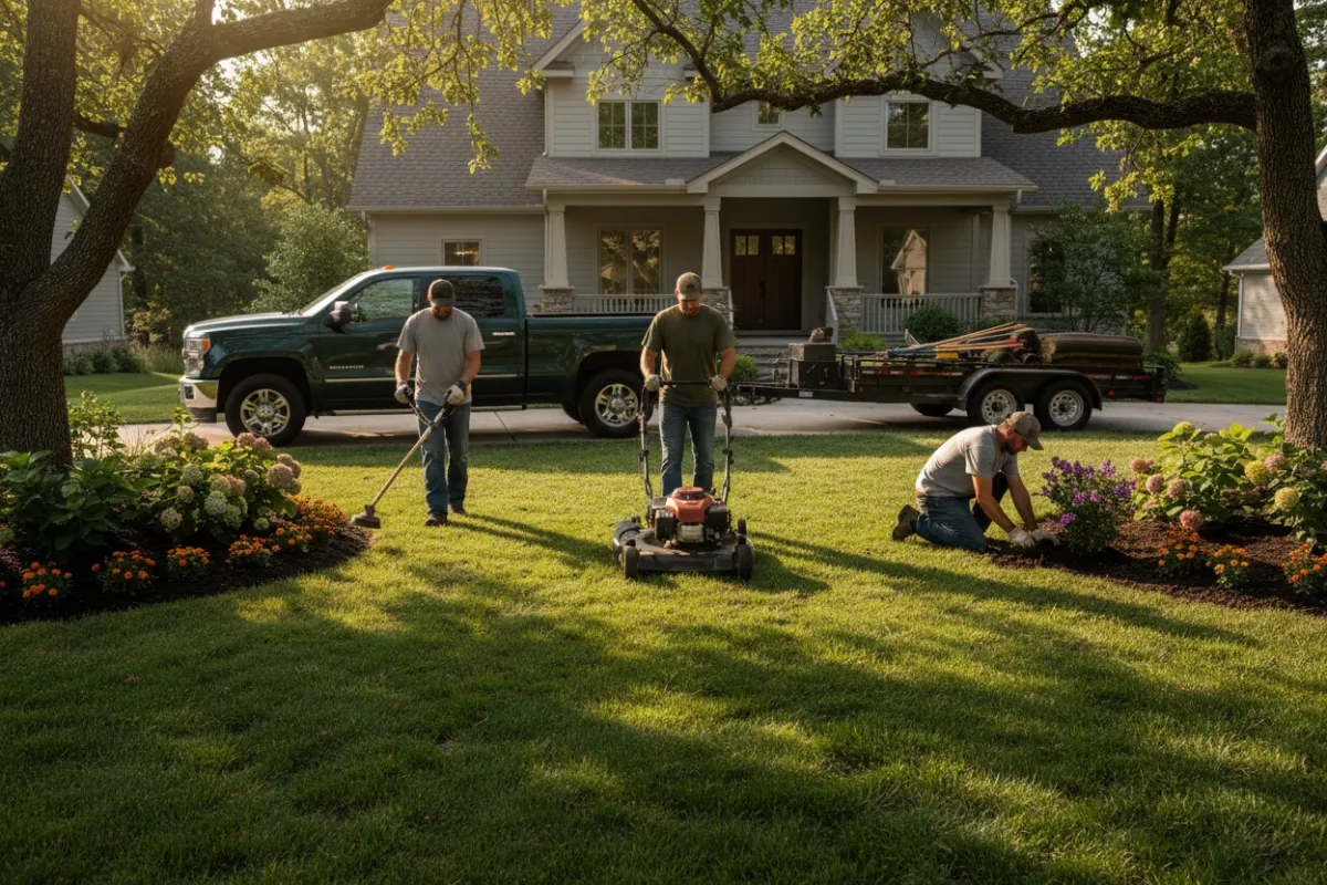 A well-maintained landscaped yard with trimmed hedges and a gardener working