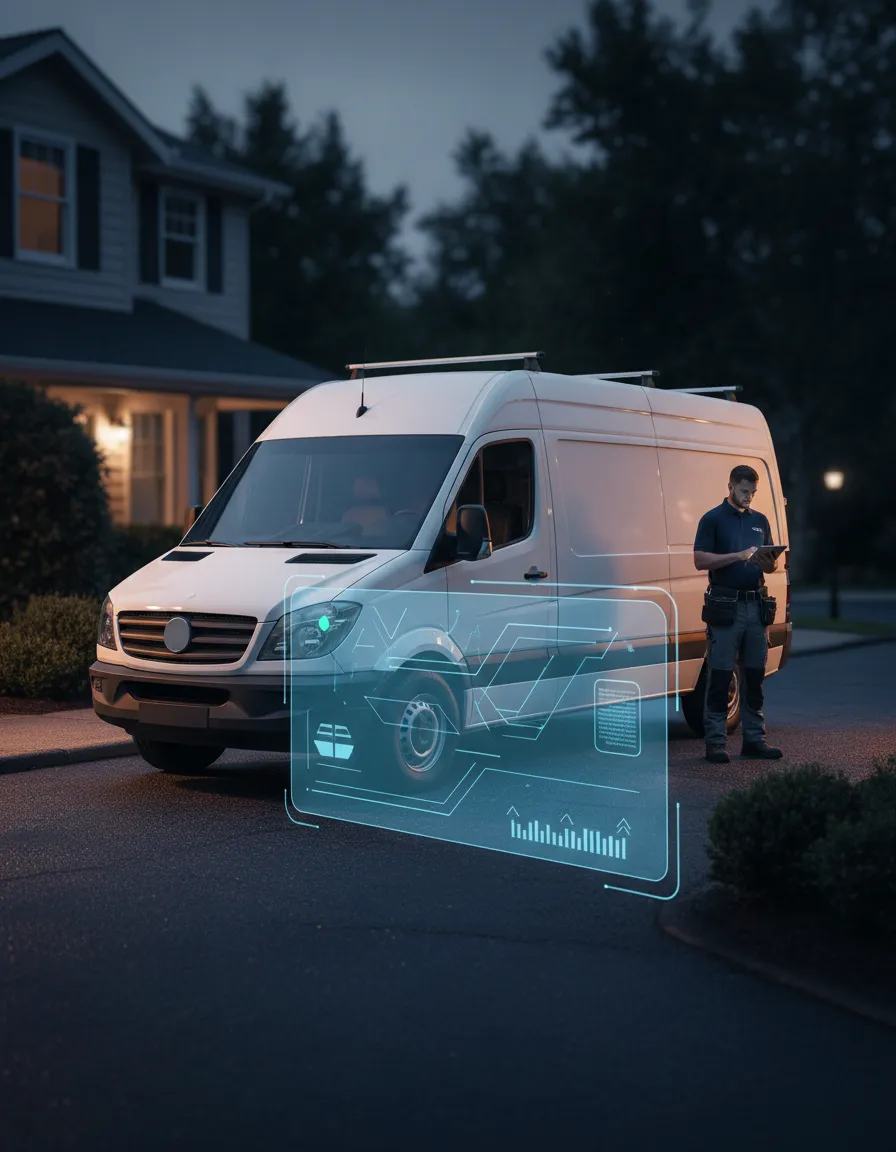 AI Status HUD showing active reception processes supporting a landscaping crew and service truck