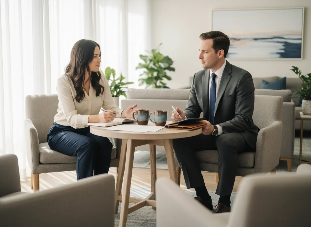 Calm, professional office setting suitable for a confidential real estate conversation