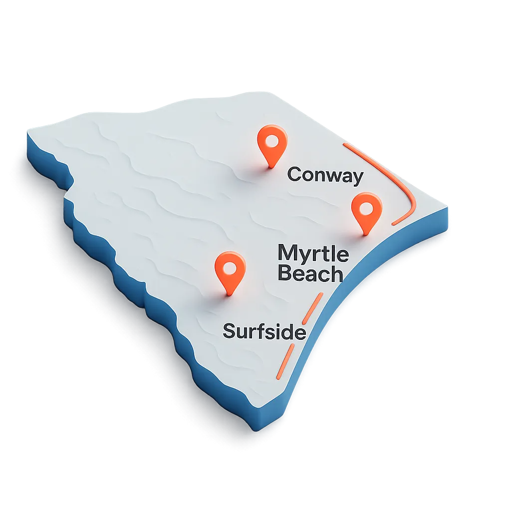 Interactive route map of Myrtle Beach, Conway, and Surfside service zones with active dispatch pins