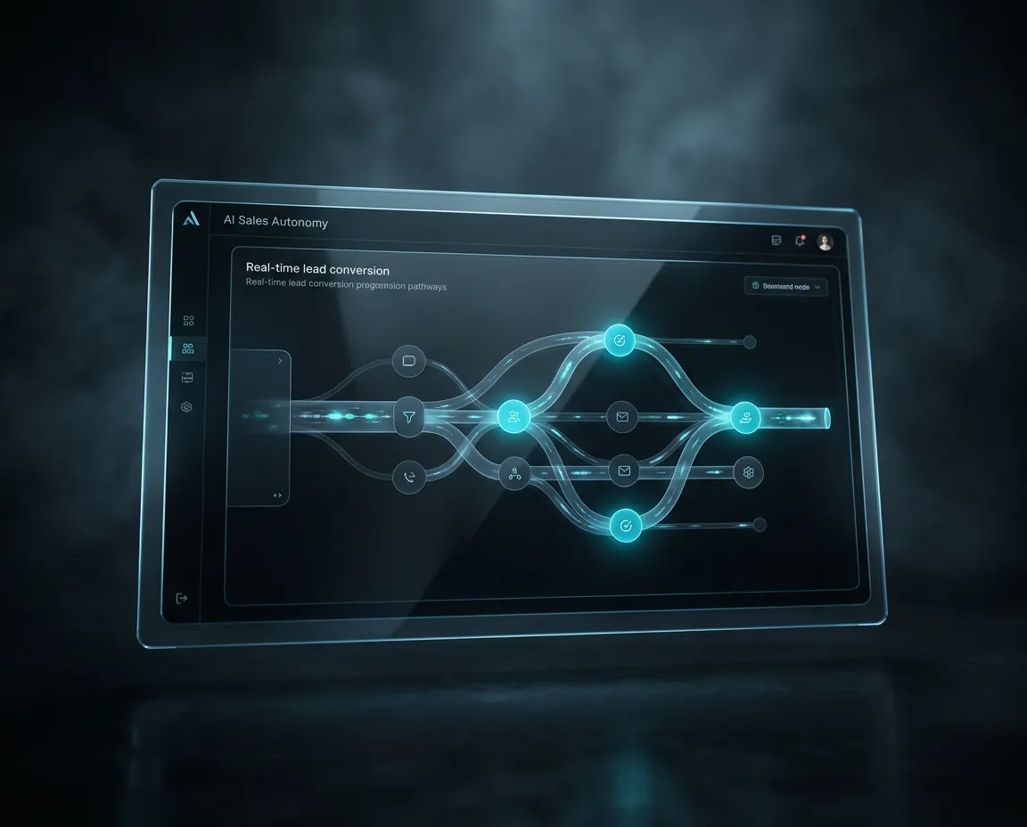 Futuristic AI sales autonomy interface visualizing real-time lead conversion pathways
