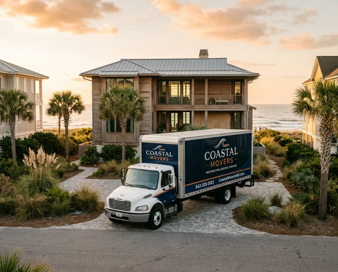 Coastal Movers branded moving truck parked at a modern beachside residential home in Myrtle Beach