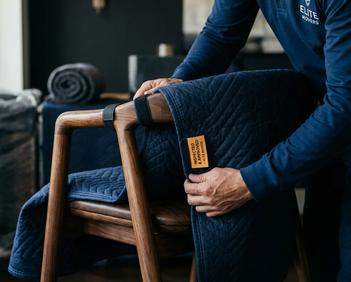 Professional movers securely padding and shrink wrapping fine wooden living room furniture