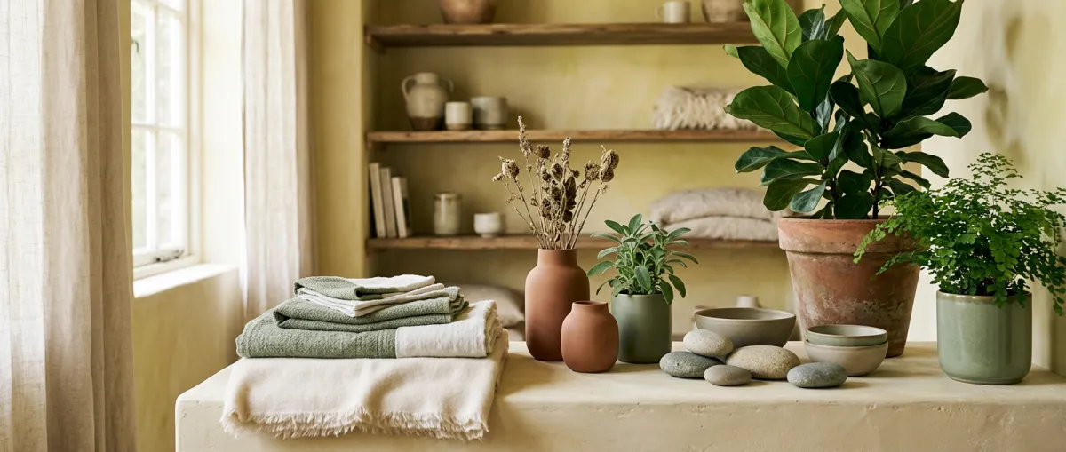 A serene, sunlit wellness sanctuary studio with soft linen textiles, earthy ceramics, and lush botanicals