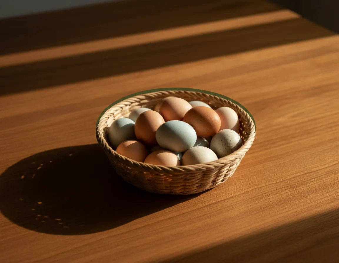 Basket of vibrant pasture-raised eggs