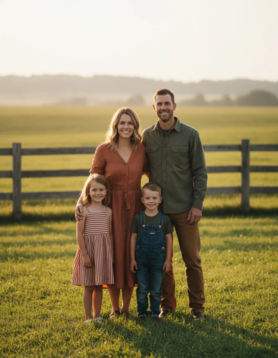 A warm golden hour portrait of the farming family standing in their green pasture