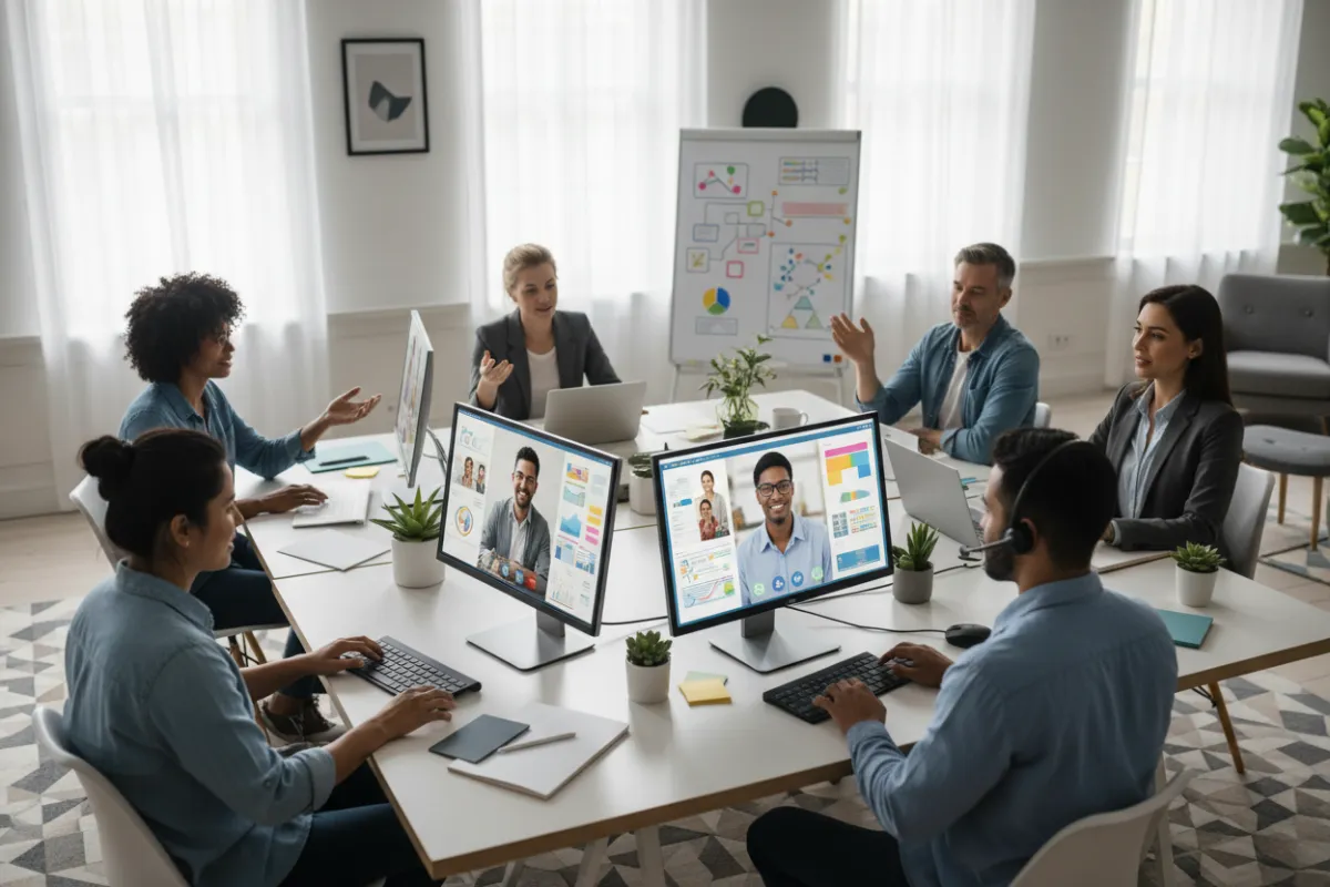A diverse group of professionals engaged in a virtual leadership session, each person actively participating from their own modern workspace, with digital tools and notes visible on their screens. The setting is bright, collaborative, and energetic.