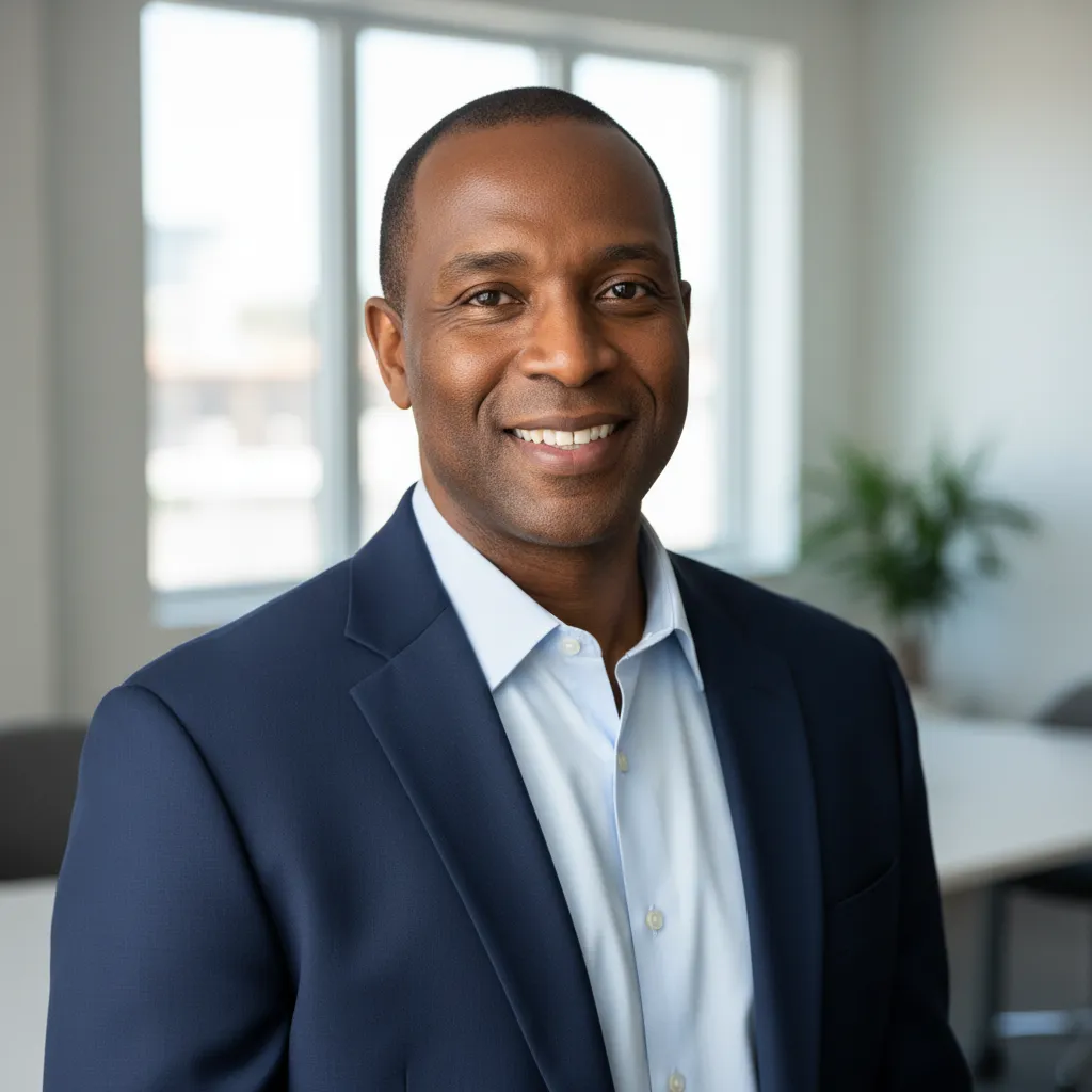 Portrait of Johnny Bush, a certified executive coach, smiling confidently in a modern office setting. He is an African-American man in his 40s, wearing a navy blazer and open-collar shirt, exuding warmth and professionalism.