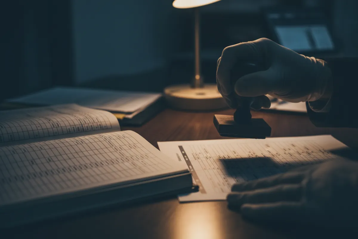 Customs agent stamping documents beside a manifest, indicating compliance accuracy.