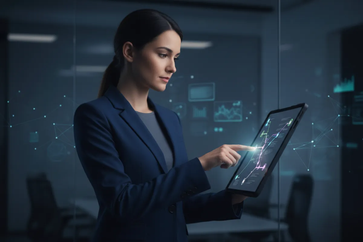 Logistics planner pointing at a route map on a tablet representing tailored solutions.