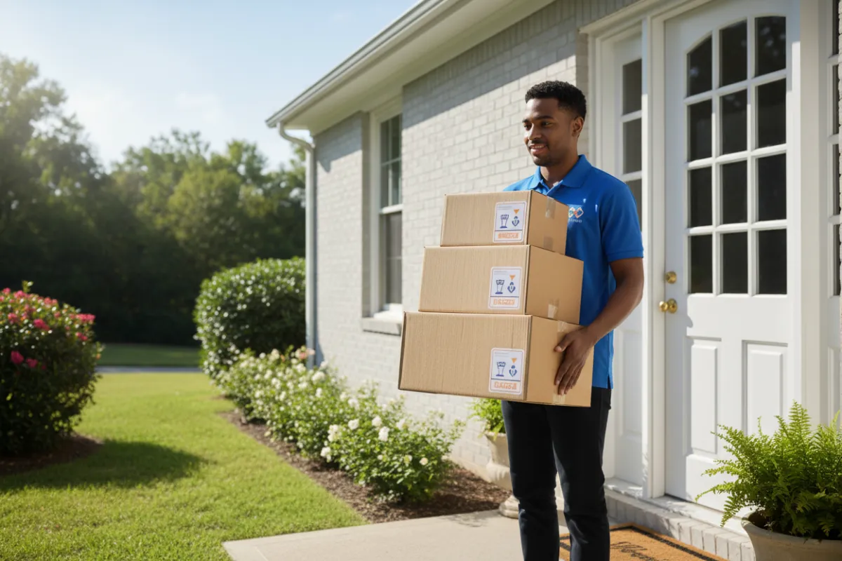 Courier carrying labeled boxes to a residential doorstep, showing door-to-door delivery.