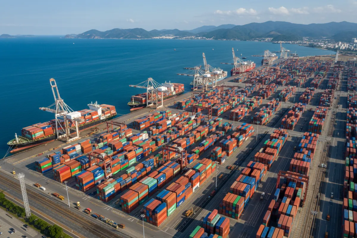 Aerial port image showing ships and container yards
