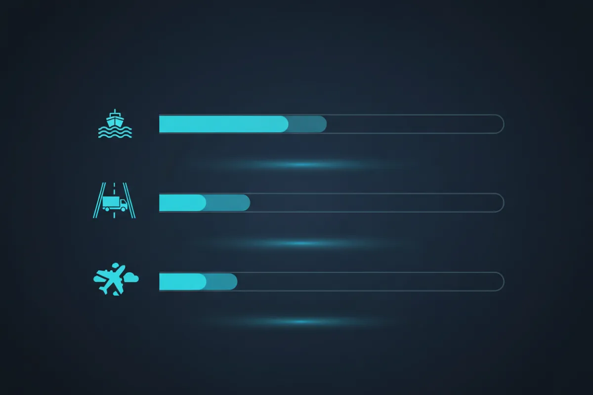 Illustrative infographic showing sea, road and air freight skills with progress bars.