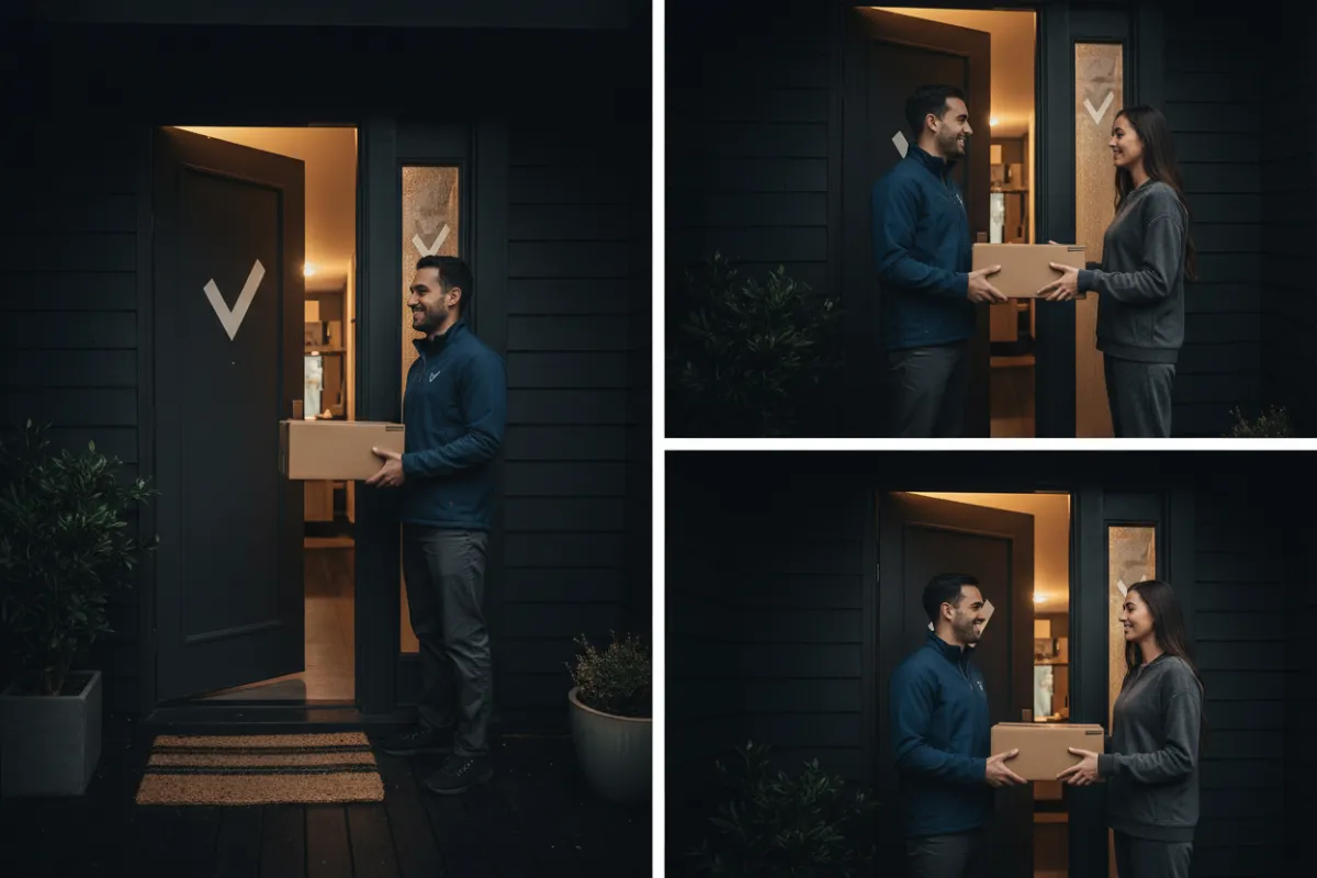 Lifestyle photos showing package handoff at a front door, a courier van in motion, and a customs officer inspecting documents.