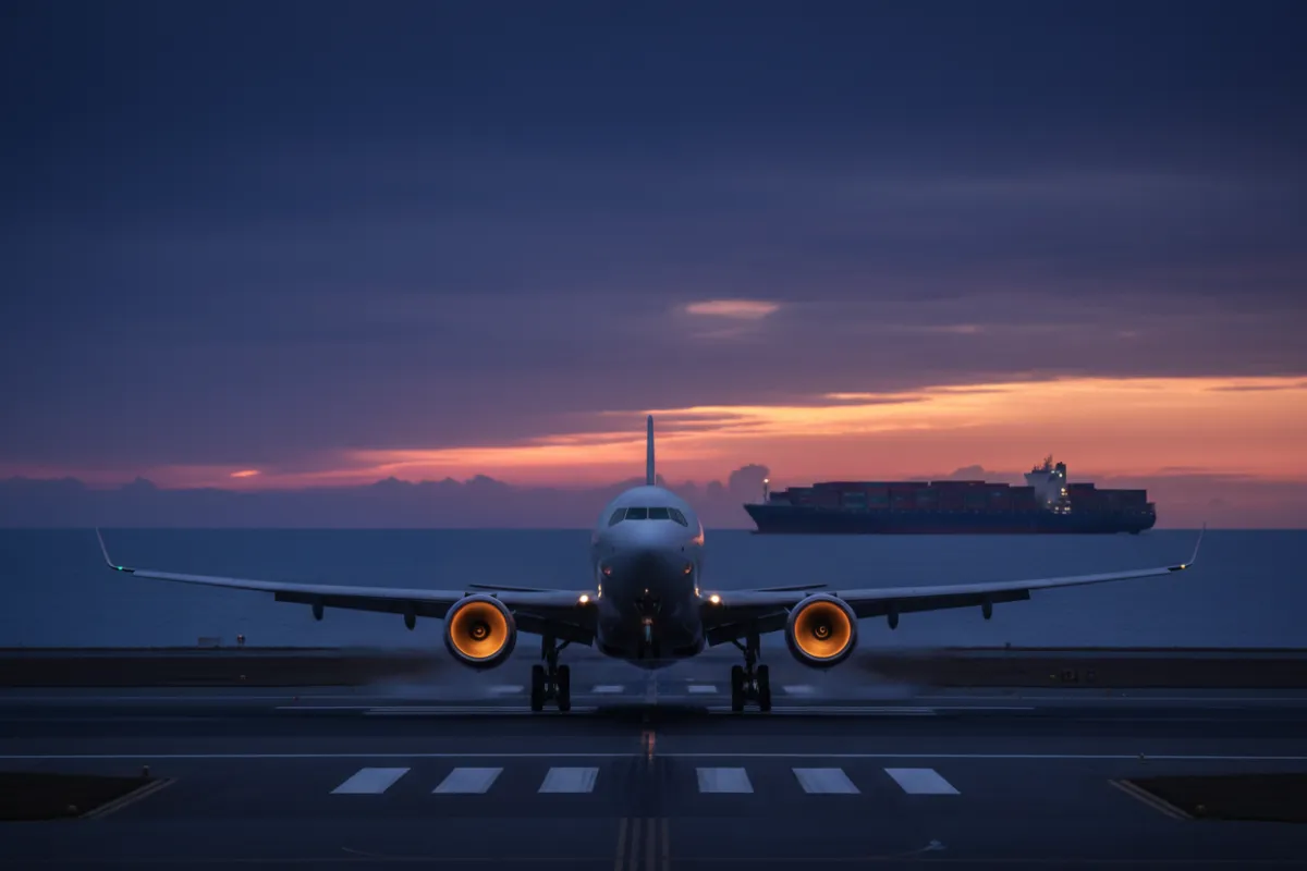 Airplane taking off at dawn with a container ship in the background, representing 24/7 global logistics support.